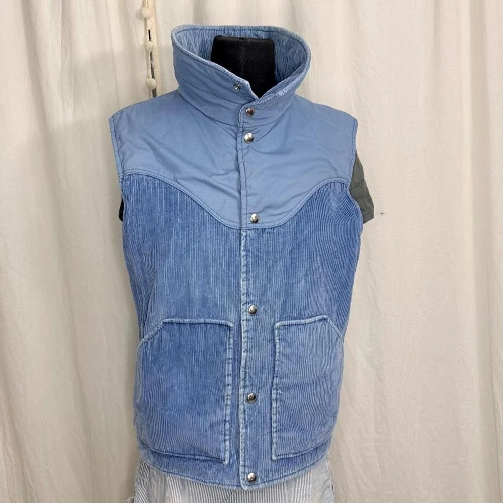 Vintage 80s Thinsulate Corduroy Puffer Vest Blue Western Snap Front Men Size M